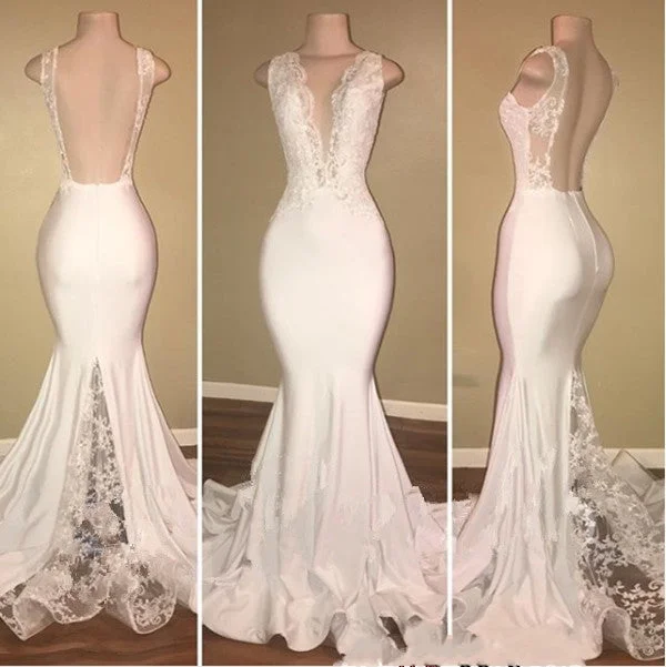 off-the-shoulder prom dressesLong Mermaid V-Neck Lace White Prom Dresses