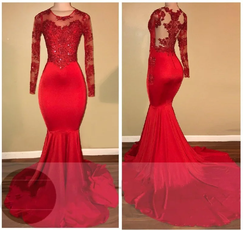 petite prom dressesLong-Sleeves Appliques Red Mermaid Prom Dresses 2024