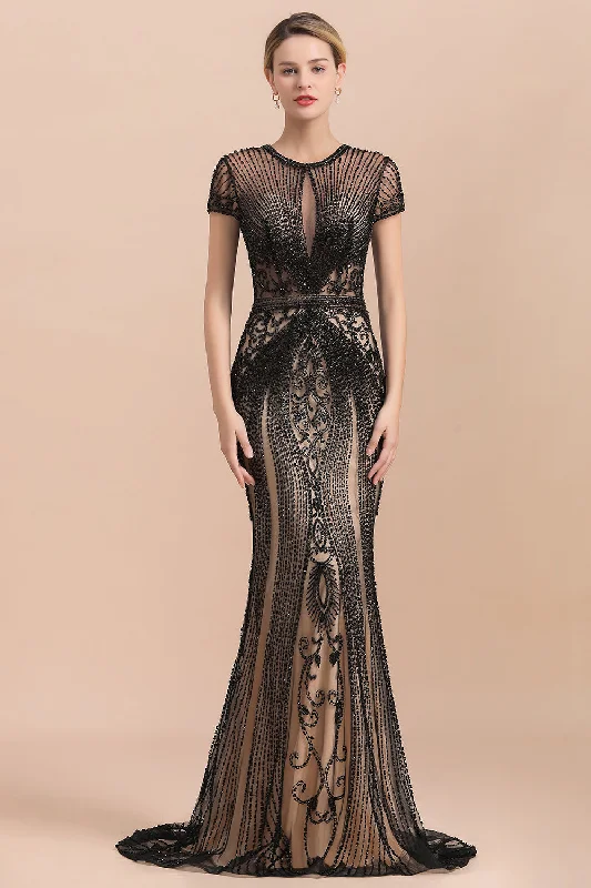 prom dresses with detachable sleevesLuxury Black Short Sleeves Prom Dresses Beaded Mermaid