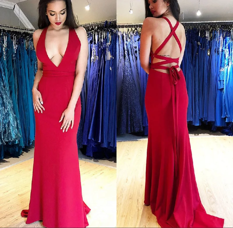 fitted prom dressesSexy Halter Backless Lace Red Prom Dresses