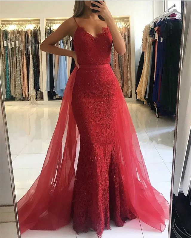 prom dresses with illusion panelsMermaid Lace Red Prom Dresses Spaghetti Straps with Detachable Train