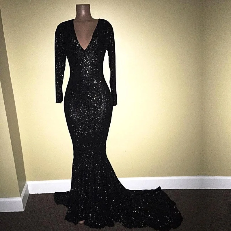 sequined prom dressesMermaid Long-Sleeves Black Sequined Prom Dresses