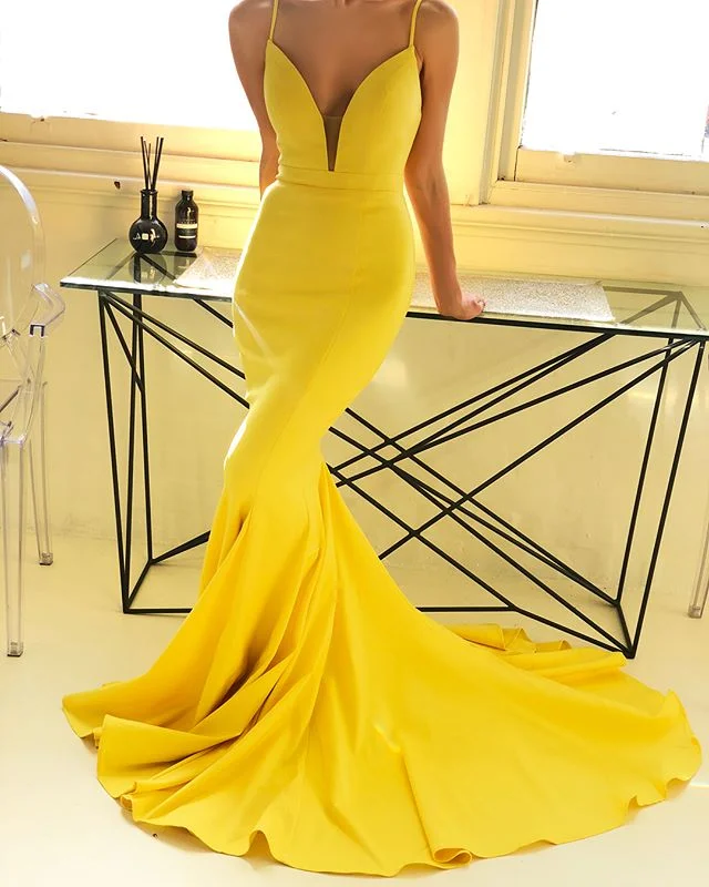 prom dresses for pear shapesMermaid Long V Neck Yellow Prom Dresses Spaghetti-Straps