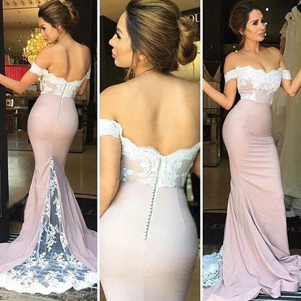 prom dresses with floral embroideryMermaid Off-the-Shoulder Blushing Pink Lace Prom Dresses