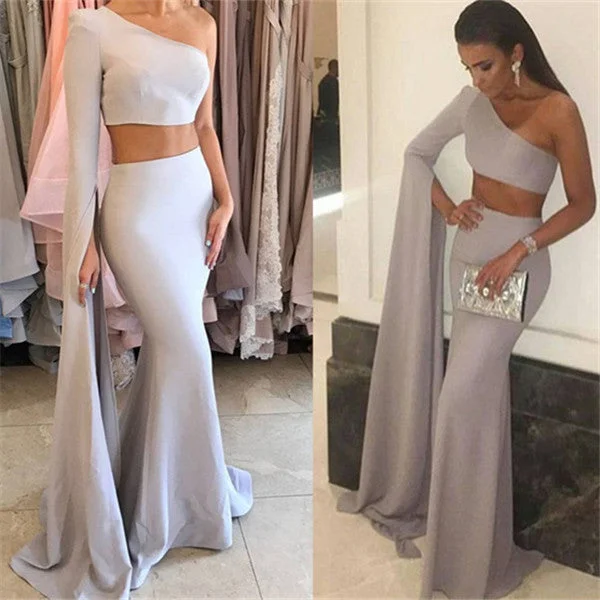 high-slit prom dressesMermaid One Shoulder Two-Pieces Prom Dresses 2021