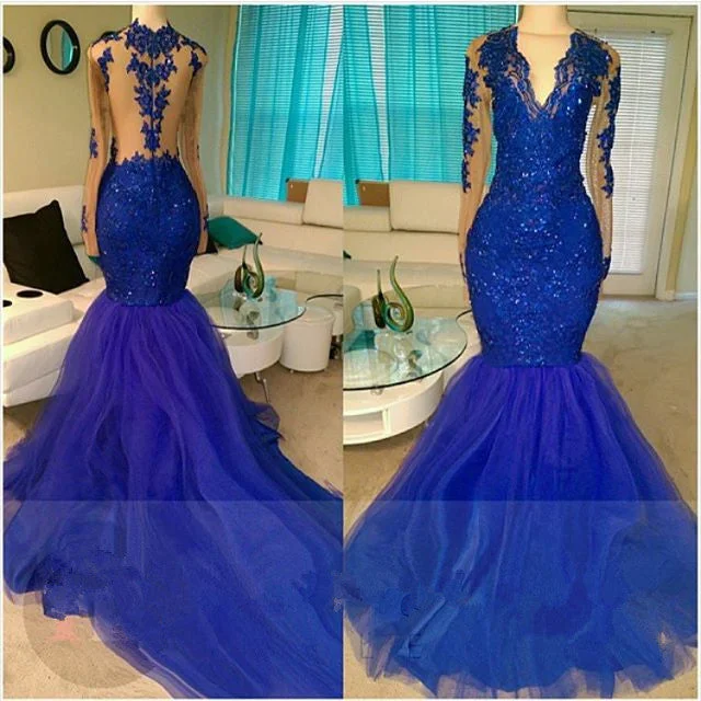 ball gown prom dressesMermaid Sleeveless Lace Tulle Royal-Blue Prom Dress