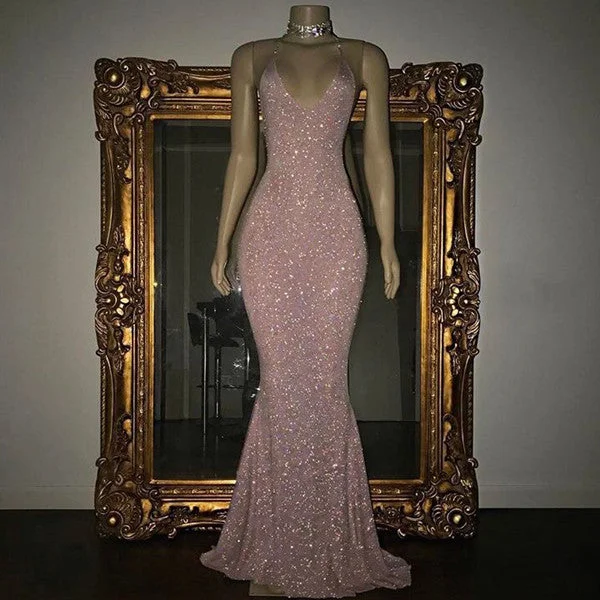 custom prom dressesMermaid Sleeveless Long Rose Pink Sequin Prom Dresses