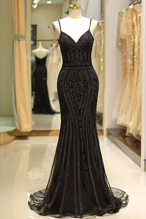 prom dresses for plus-size figuresMermaid V Neck Sequined Black Prom Dresses Spaghetti Straps