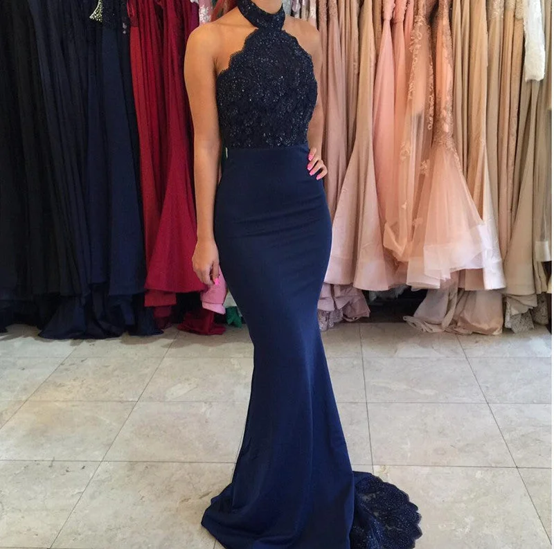 prom dresses with beaded accentsModest Halter Mermaid Lace Prom Dresses Beads Sweep-Train