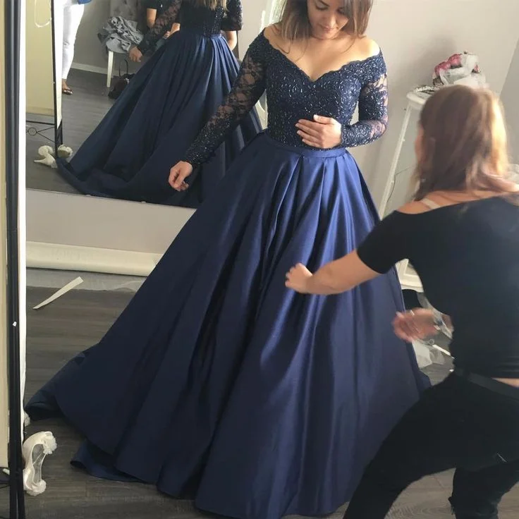 thigh-high slit prom dressesNavy-Blue Off-the-Shoulder Prom Dresses Lace Long-Sleeves Gowns