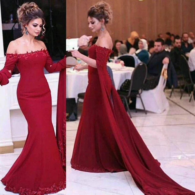 halter prom dressesOff-shoulder Lace Burgundy Prom Dresses Appliques Mermaid Gowns