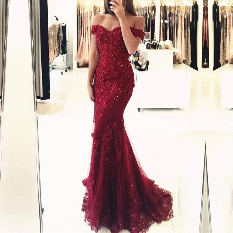 thigh-high slit prom dressesOff the Shoulder Lace Mermaid Burgundy Prom Dresses