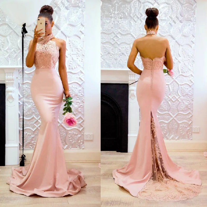 prom dresses with sequin detailingPink High Neck Lace Mermaid Halter Prom Dresses