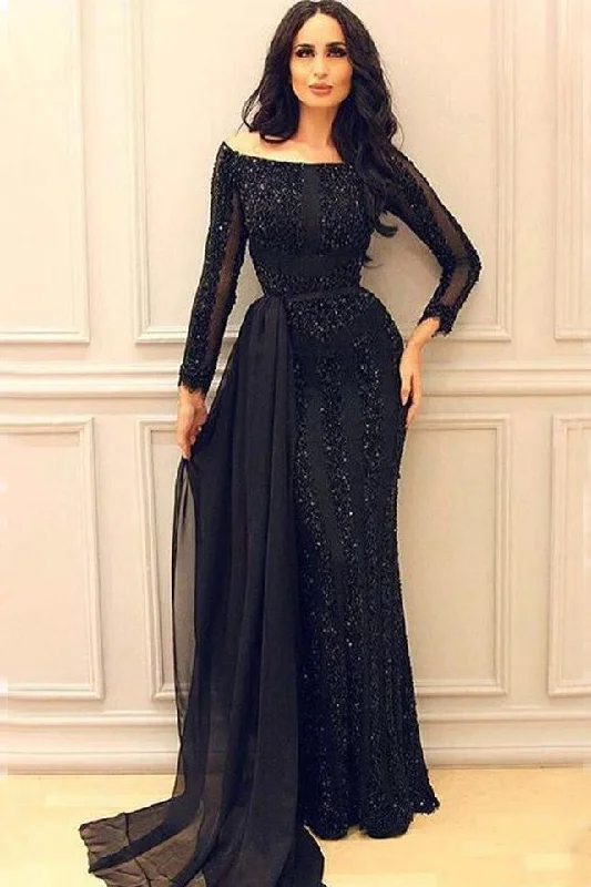 prom dresses with sheer overlaysSexy Black Long Sleeves Sequined Prom Dresses Off-the-Shoulder