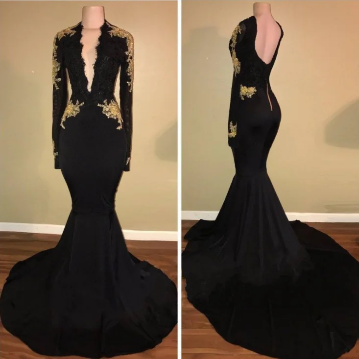 sparkly prom dressesSexy Deep V-Neck Long Sleeves Black Gold Prom Dresses