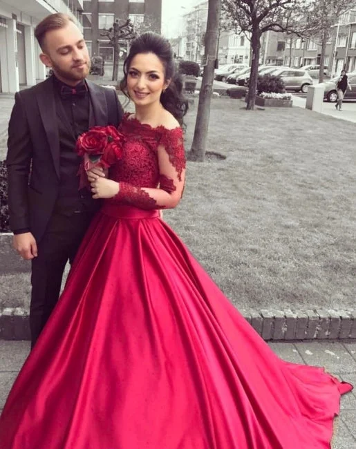 prom dress alterationsSexy Lace Off the Shoulder Long Sleeves Red Prom Dresses