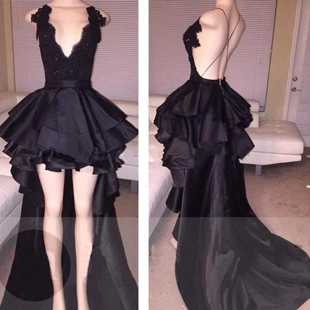 A-line prom dressesSexy Layered Hi-Lo Lace Black Prom Dresses