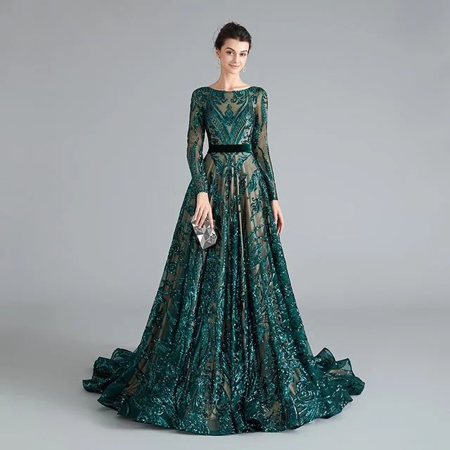 lace prom dressesSexy Long Sleeves Green Lace Prom Dresses Open back