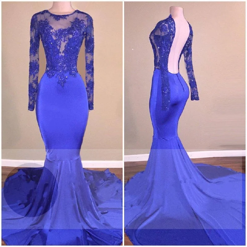 prom dresses for hourglass figuresSexy Long-Sleeves Mermaid Backless Royal-Blue Prom Dresses