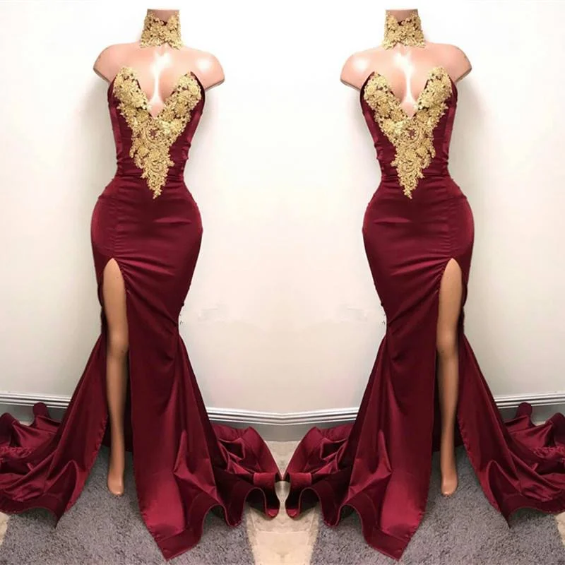 short prom dressesSexy Mermaid Front-Split Lace High Neck Burgundy Prom Dresses