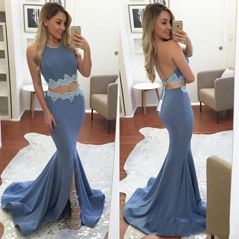 open-back prom dressesSexy Mermaid Halter two Pieces Prom Dresses Backless Front-Split