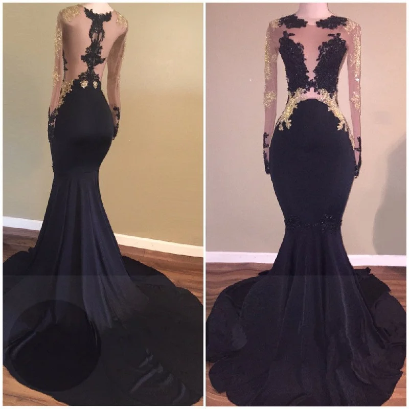 halter neck prom dressesSexy Mermaid Lace Black Gold Prom Dresses