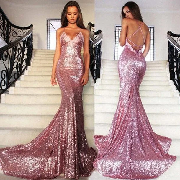 bodycon prom dressesSexy Rose Pink Sequin Prom Dresses Mermaid Long Gowns