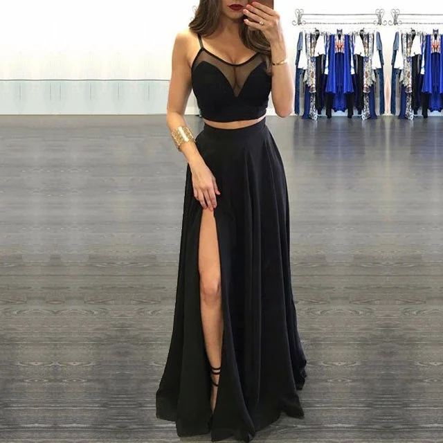 luxury prom dressesSexy Split Tulle Chiffon Black Two Piece Prom Dresses