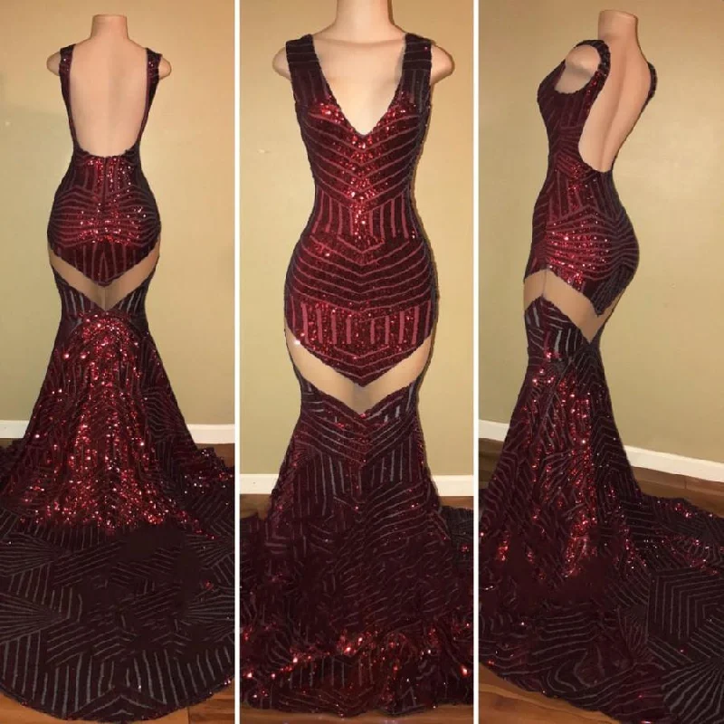 illusion sleeve prom dressesSexy V-neck Black Sequined Burgundy Prom Dresses