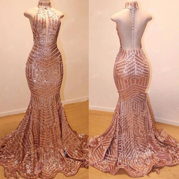 silk prom dressesGorgeous Halter Long Mermaid Champagne Gold Sequin Prom Dresses