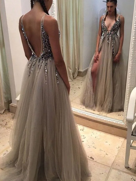 prom dresses for tall girlsSheath Beading Sequins Sleeveless V Neck Tulle Prom Dresses