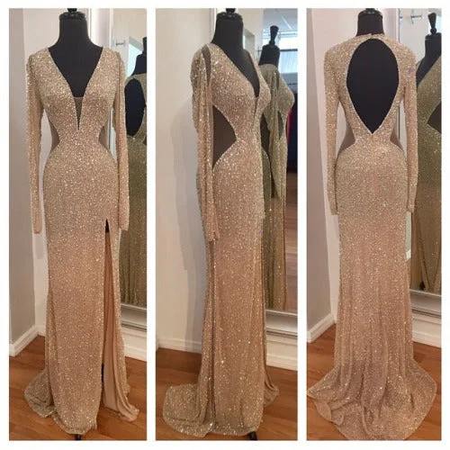 mid-length prom dressesSheer Sexy Sequins Long Sleeves Prom Dresses