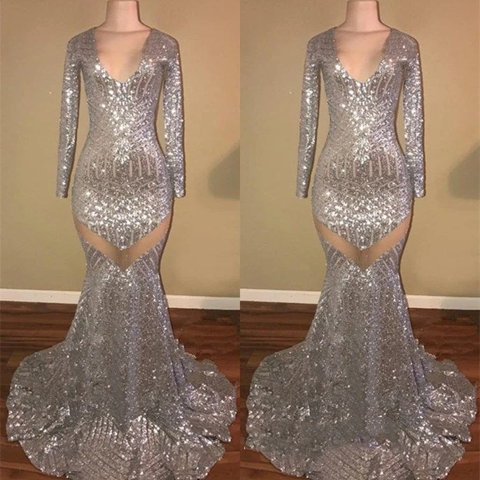 long prom dressesShiny Long Sleeves Sequin Mermaid Prom Dresses