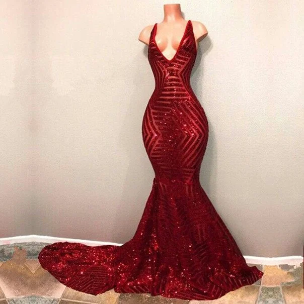 sleeveless prom dressesShiny Mermaid Long V neck Red Sequins Prom Dresses