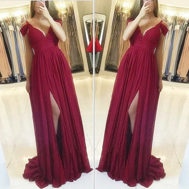 maxi prom dressesSimple A-line Off-the-Shoulder Chiffon Burgundy Prom Dresses