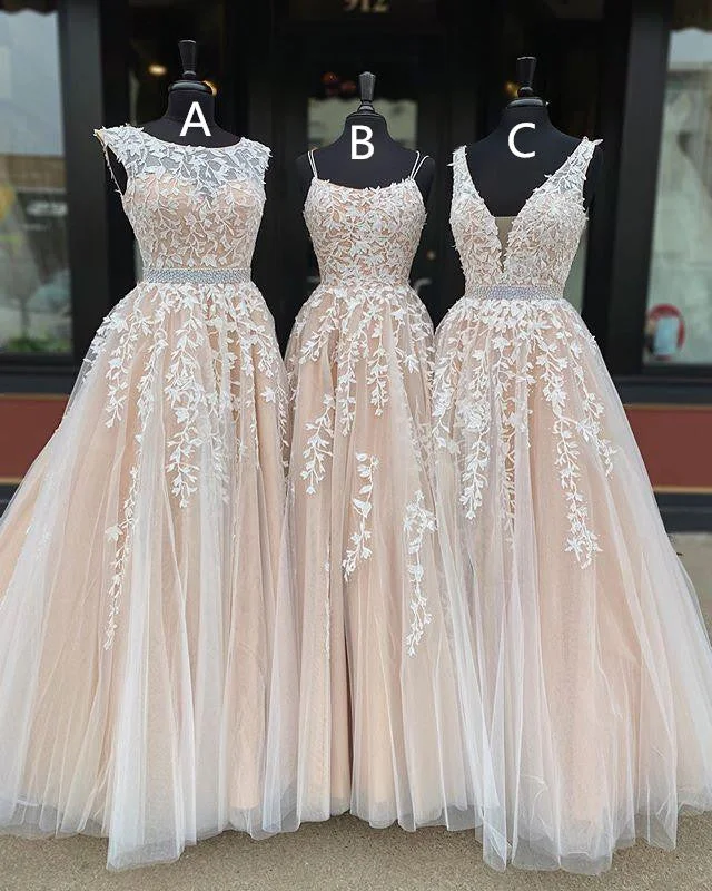 vintage prom dressesSimple Long Beaded Lace Tulle Prom Dresses Open Back