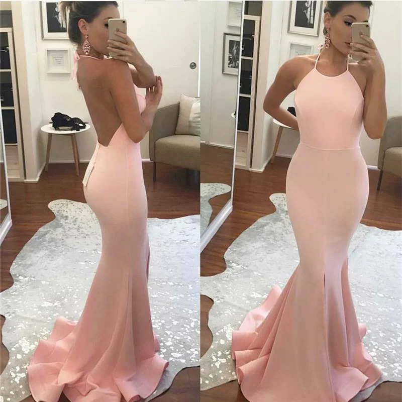 backless prom dressesSimple Pink Prom Dresses Sleeveless Mermaid Halter Backless Gowns