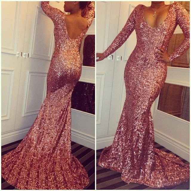 dark prom dressesSimple Pink Sequin Prom Dresses Sexy Long-Sleeves Mermaid Dress