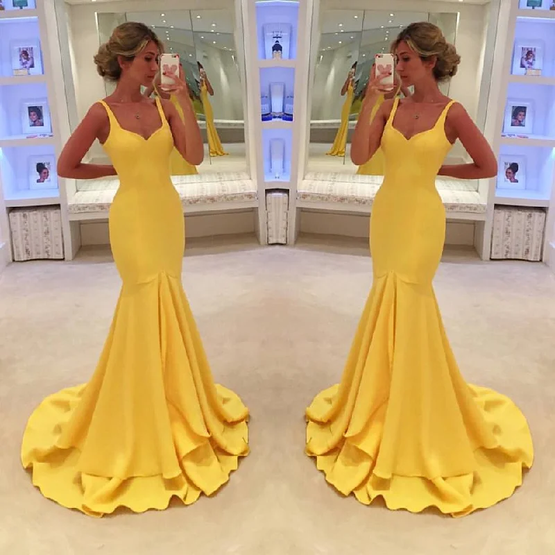 elegant prom dressesSimple Yellow Prom Dress,Mermaid Tiered Prom Dresses