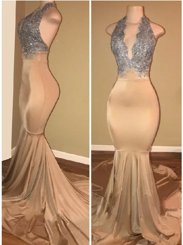 chiffon prom dressesSleeveless Mermaid Lace halter prom dresses