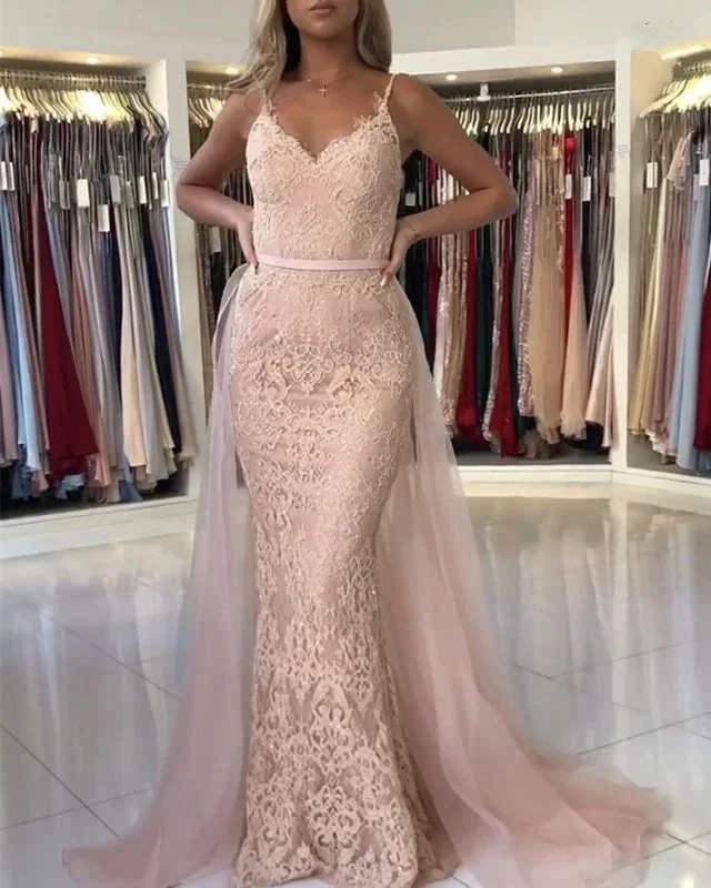 prom dresses with lace appliquésV Neck Long Mermaid Pink Lace Prom Dresses Open Back